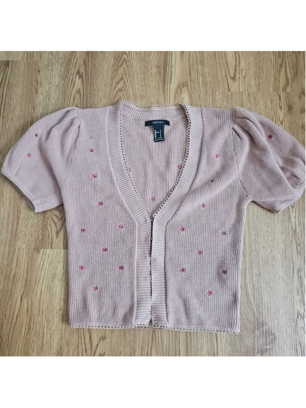 Forever 21 Mauve Floral Embroidered Knit Cardigan Puff Sleeve Sweater Girly